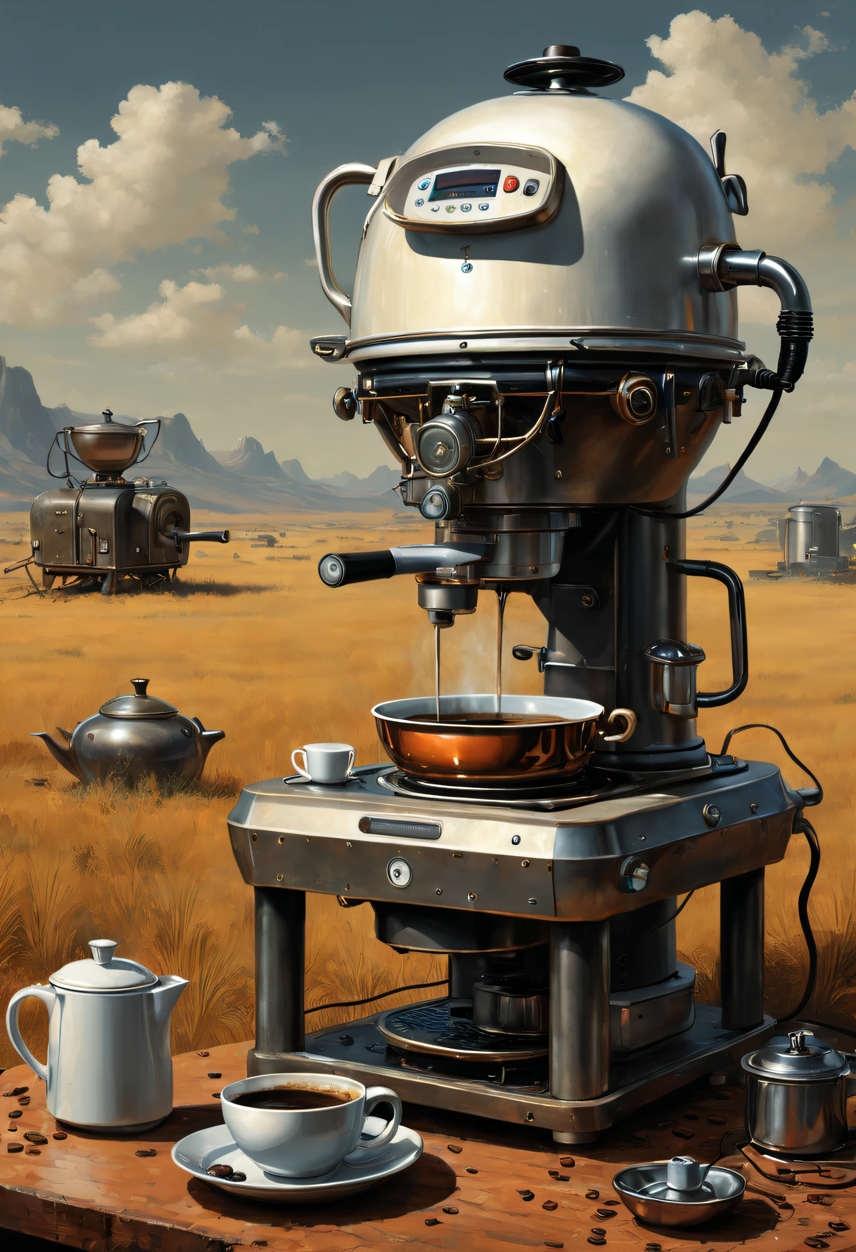 (coffee machines),(Electric kettle),(grinding machine),(rice cooker),wastelands, sci fi art, Dennis Ruston