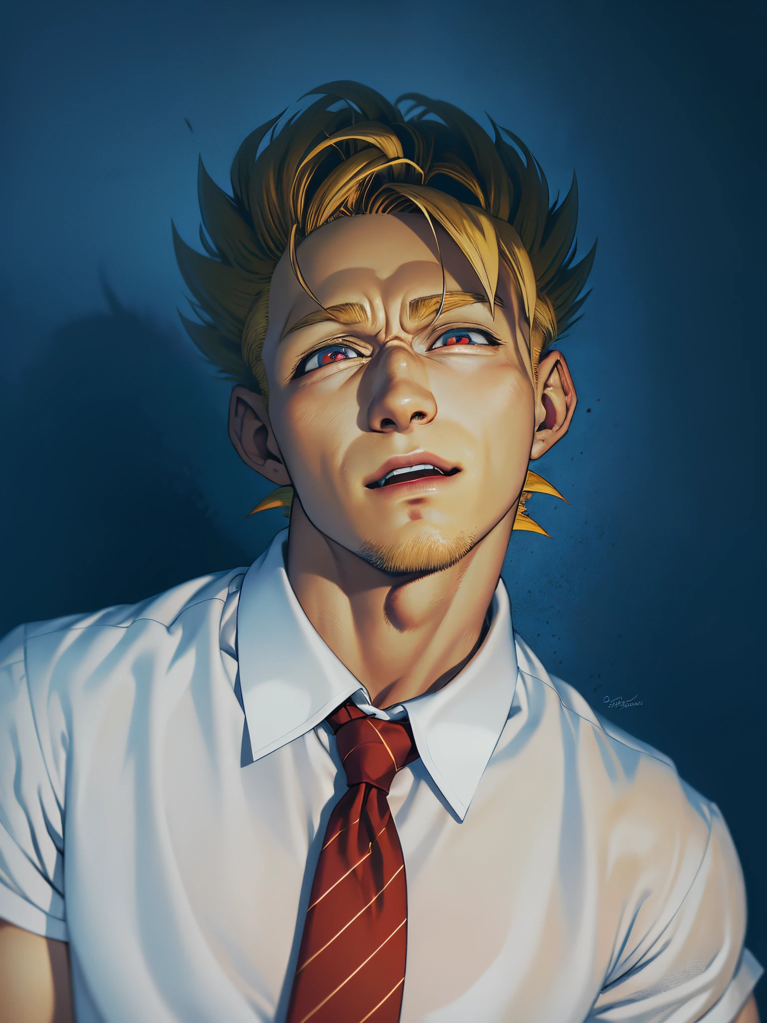 arafed man in a white shirt and red tie posing for a picture, HD, (Masterpiece), (Photo:1.3),High Quality, High Resolution, Smile, Perfect Lighting, Masterpiece, beautiful, ((SuperSaiyan)), cowboy shot, ((blonde hair:1.3)), super saiyan, (spiked hair),detailed face, detailed eyes,