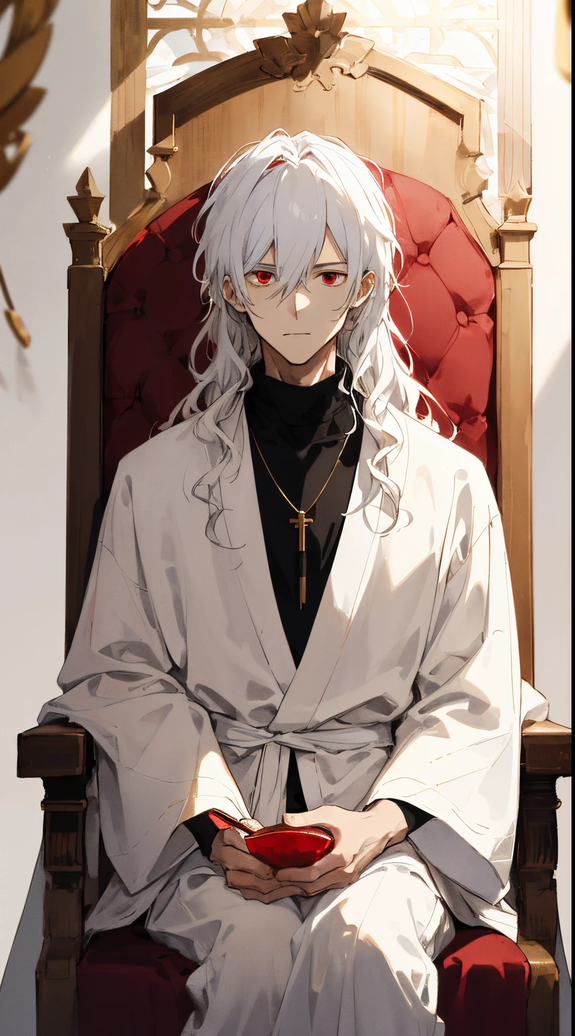 (masterpiece, best quality, high quality), 1boy, 1guy ((unimpressed)), sitting, looking at viewer, white hair, (long hair, disheveled hair), red eyes, :(, flowing hair, curly and wavy hair, wearing a red gemstone pendant, wearing a simple white silk robe, sitting on a throne, hand resting on the handrest, wearing a simple white robe, a full sleeve robe with a white turtleneck collar adorned with black patterns, It is a long robe that goes down to their feet, a black t-shirt underneath the robe, the black t-shirt has vertical white line patterns and a reflective texture, and the white robe is worn over the t-shirt. The t-shirt has its own pattern, artistic and magical red and gold patterns on robe, The robe is made of royal silk and has intricate patterns, It is a stylish male robe that pairs well with long silk pants, full white background, light rays coming from right, shadows towards the left, detailed visible shadows, low lighting