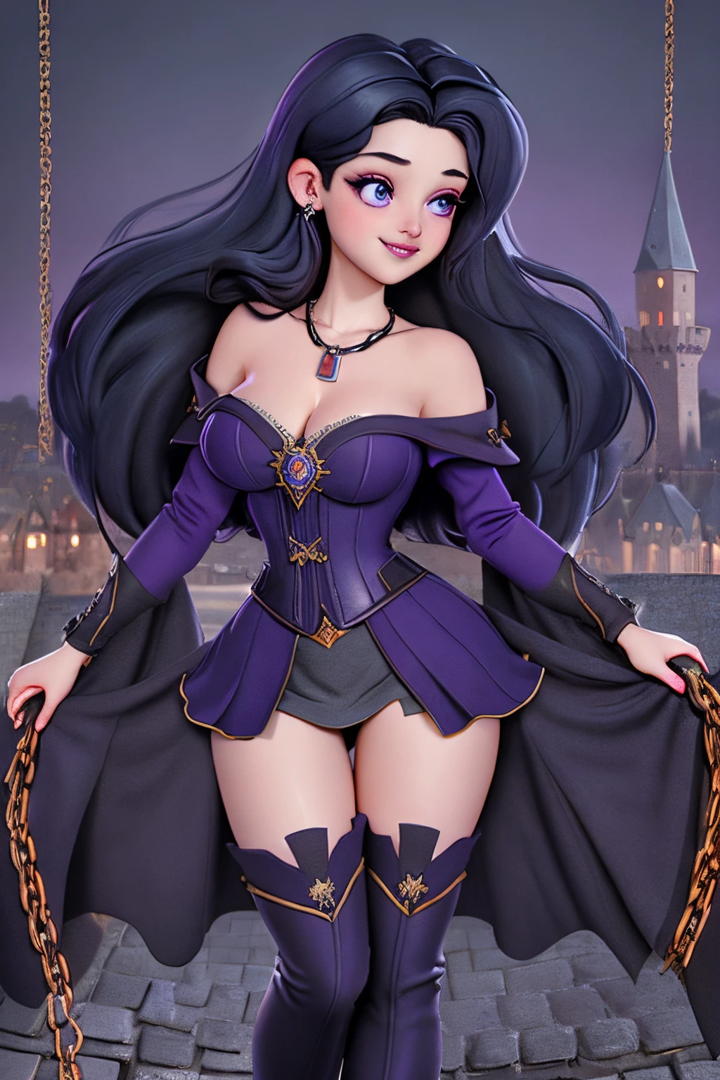 close up 1girl in, 20years, Solo, Aesthetic artwork, long dark blue hair, thick dark blue hair, Violet eyes, clear skin, pale skin, massive breasts, DD-Cup, cleavage, fit body, (round hips, thin waist: 1.25), (Sirius face, dark lipstick, mischievous smile:1.1), key necklace, (wearing full length wizard robes purple, corset, bare shoulders, thigh high boots, chains:1.1), (T-pose:1.21), (detailed Castle roof background:1.1), rooftop, overlooking medieval city, 4k textures, soft cinematic light, RAW intricate, elegant, highly detailed, sharp focus, soothing tones, insane details, intricate details, hyperdetailed, low contrast, soft light, exposure blend, hdr, faded