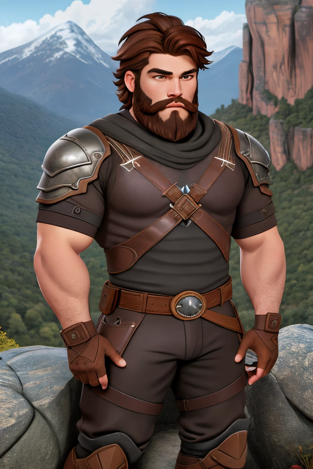 close up 1man in, bearded, Solo, brown hair, messy brown hair, short hair, dark eyes, taned skin, heavy set, big boned, strong, thick body, manicured beard, detailed skin, neutral face, (wearing Hunter armor, leather pants, van braces, big boots, fingerless gloves: 1.1), (neutral pose: 1.22), (detailed mountainous background:1.1), valley, overlooking waterfall, 4k textures, soft light, elegant, highly detailed, sharp focus, soothing tones, insane details, intricate details, hyperdetailed, low contrast, exposure blend, hdr, faded