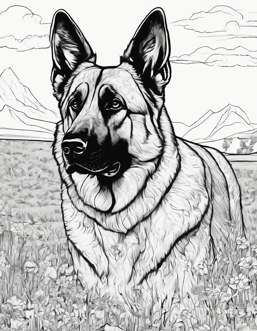 German shepherd in a field, high quality, high detail, for coloring page, no shading
