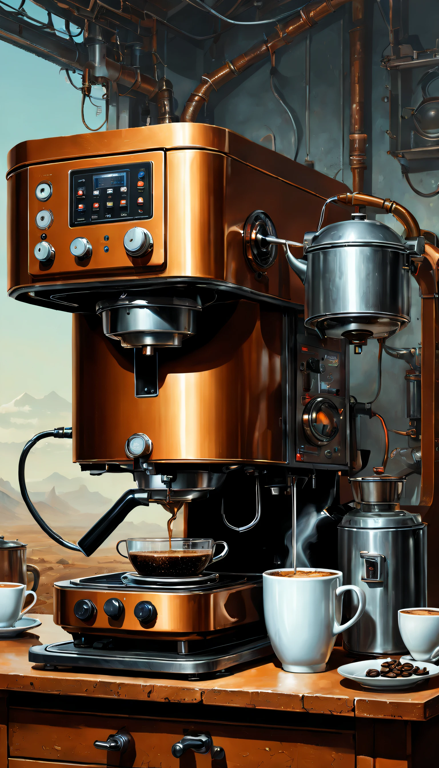 （coffee machines），（Electric kettle），（grinding machine），（rice cooker），wastelands, sci fi art, Dennis Ruston