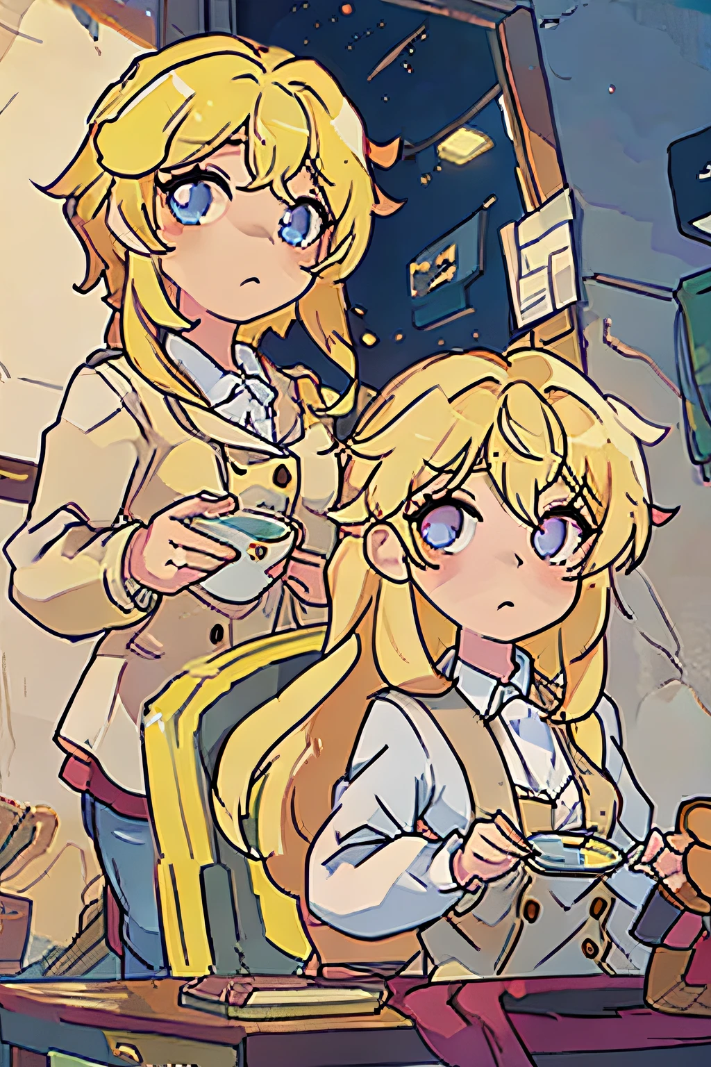 Doll in the anime still with blonde hair buttons as eyes