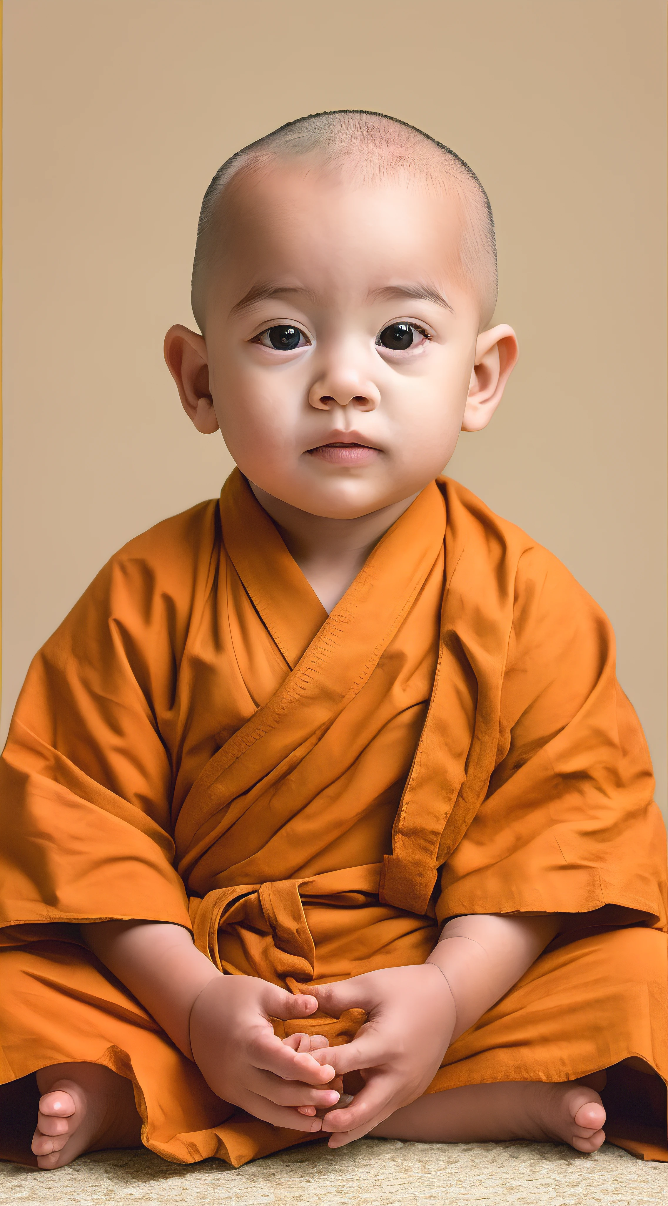 Alafid sitting on the floor wearing a robe,looks into camera, Buddhists, monk, Monk's robes, Monks meditate, portrait of monk, buddhist monk, Monk meditates, wearing brown robes, 21st century monks, litt wearing nun costume, Portrait shooting, buddhism, Japanese ancient monk, with a calm expression, Close-up portrait shoot, child
