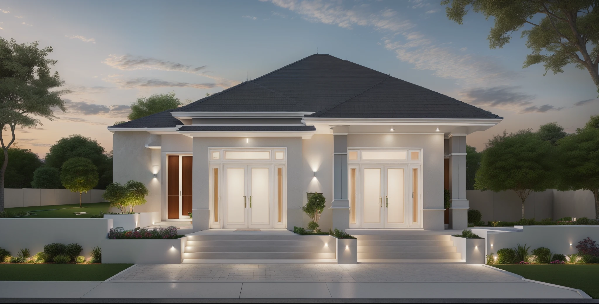 a drawing of a small house with slope roof, ((The layout of the house follows the sketch:1.4)), (brightenness:1.3), (morden:1.3)), (road:1.3), large space infront of, detail flower front perspective, frontview, perspective view, wide frontal view, front view, front-view, rendering, elevation view, front elevation view, all white render, sketch - up, frontal view, symmetrical front view, front facing view, front elevation, 3/4 front view, front side view,"A picture showcasing a captivating modern villa, featuring an expansive and well-ventilated yard adorned with vibrant flowers and flourishing trees."(RAW photo), highest quality, (masterpiece:1.2), High detail RAW color photo,  extremely detailed CG unity 8k wallpaper, (photo realism:1.4), (highres),  hyperdetailed, (photorealistic:1.2), (best quality:1.3),perfect anatomy,  (exterior), model villa, super realistic , 32k