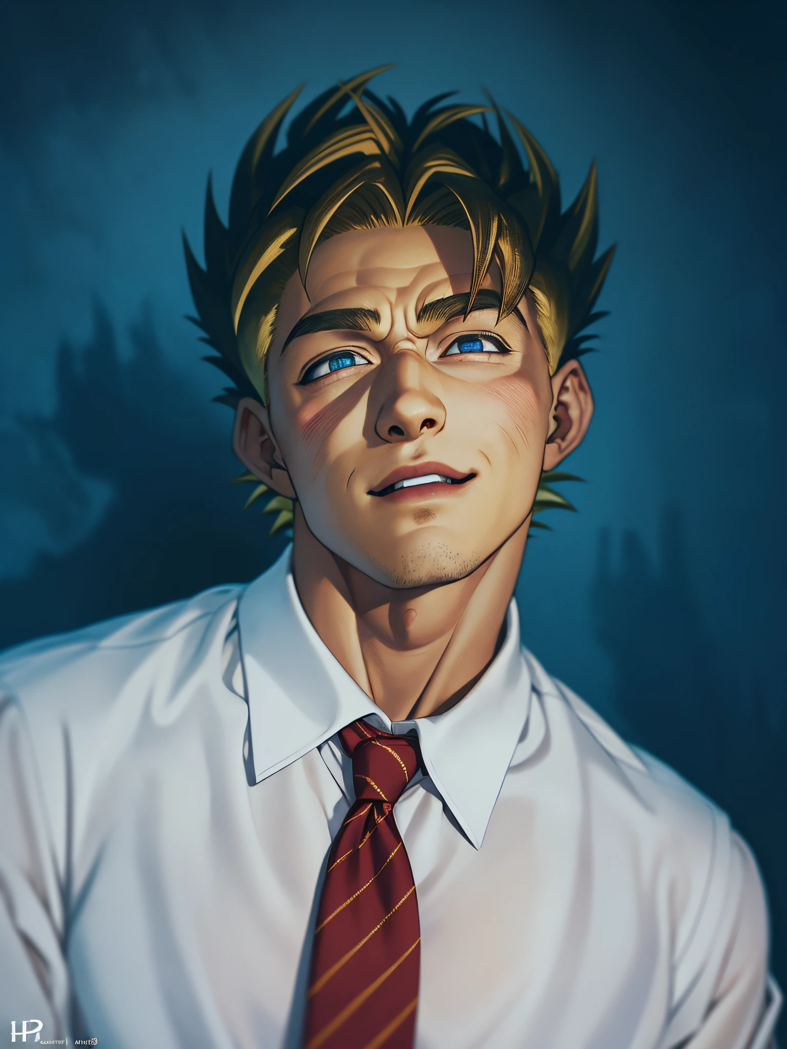arafed man in a white shirt and red tie posing for a picture, HD, (Masterpiece), (Photo:1.3),High Quality, High Resolution, Smile, Perfect Lighting, Masterpiece, beautiful, ((SuperSaiyan)), cowboy shot, ((blonde hair:1.3)), super saiyan, (spiked hair),detailed face, detailed eyes,