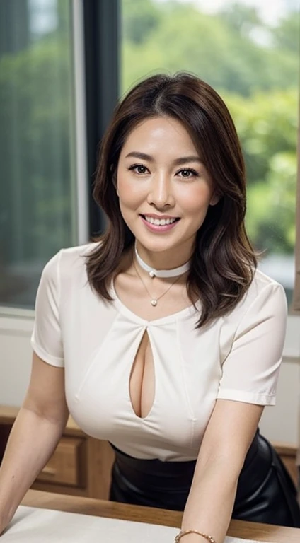 mature, Chinese big breasts,femele, The beautiful, Large breasts, Brown hair,exquisite facial features,grin,big breasts body,largeeyes,Bracelet,gyuru,choker necklace,Charismatic, Raised sexy, Whitish skin tone, leaning against the table,Look out the window, White silk shirt ,Short black tight skirt,((hide your arms behind your back, with her mouth open:0.9, sorrowful:0.7)), ((sportrait: 1.3)), (from below, Look into the eyes of the audience), ((Body sweating:1)), ((Chopping:1.5)),45 yers old, A smile, seductiveexpression, Beauty is in the butt, Charming side curves,((Best quality at best, 8K, On the table :1.3)), (actual, realisticlying:1.4), Flat colored background, profesional lighting, The is very detailed, depth of fields,