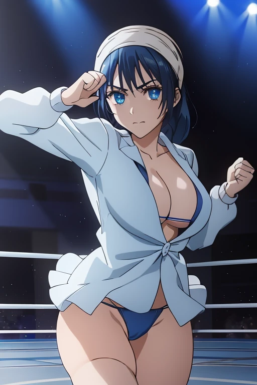 1girl, solo, school, masterpiece, professional artwork, famous artwork, perfect face,(glowing eyes:1), beautiful face,  Riko, blue eyes, headband, blue hair, braided hair, cowboy shot, (Micro-bikini), (Fighting sexy pose), (Wrestling ring), (Big tits), closed mouth