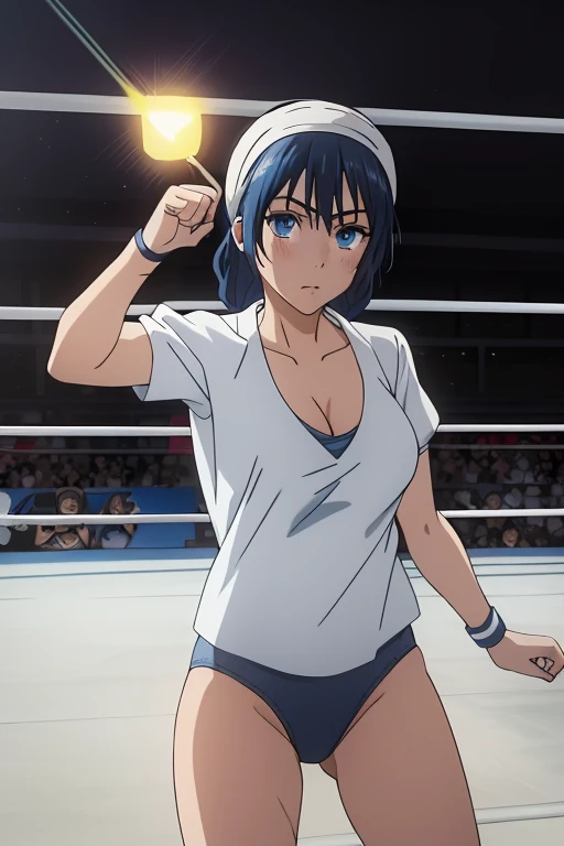 1girl, solo, school, masterpiece, professional artwork, famous artwork, perfect face,(glowing eyes:1), beautiful face,  Riko, blue eyes, headband, blue hair, braided hair, cowboy shot, (Micro-bikini), (Fighting sexy pose), (Wrestling ring), (Big tits), closed mouth