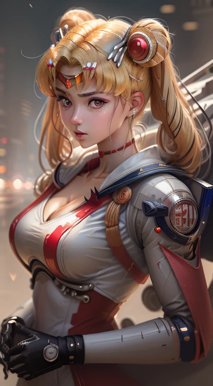 masterpiece, best quality, high resolution, A real life adaption of tsukino usagi, blonde hair, mecha, anger, mechanical limb, exquisite face, red eyes, symmetry, hyper realistic