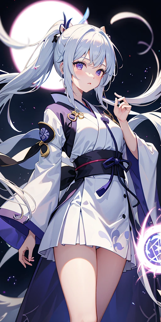 1girl, japanese clothes, pony tail ,white colored hair, violet eyes, magical circle, blue fire, Blue Flame, wallpapers, landscape, 血, blood splash, Depth of field, night time, light particles, light beams, sidelighting, thights, fate \(series\), Genshin Impact, ****, open jacket, upskirt, thights, thights, Cloud