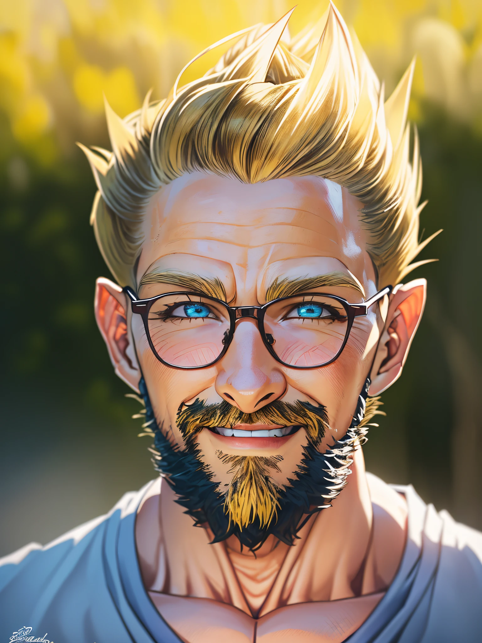 there is a man with glasses and a beard smiling for a picture,  HD, (Masterpiece), (Photo:1.3),High Quality, High Resolution, Smile, Perfect Lighting, Masterpiece, beautiful, ((SuperSaiyan)), cowboy shot, ((blonde hair:1.3)), super saiyan, (spiked hair),detailed face, detailed eyes,