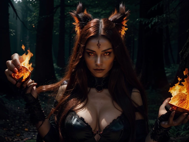 Visualize a captivating image of Ember Shadowheart, a fierce sorceress with crimson flames dancing in her eyes. Her flowing obsidian hair frames her face as she commands fire with outstretched hands in a mysterious, moonlit forest. The fiery glow reveals ancient trees and mythical creatures lurking in the shadows, adding an air of danger to her formidable presence.