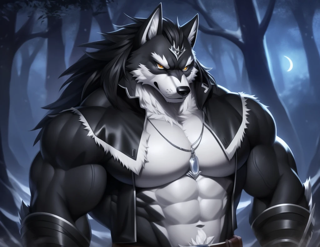upload on e621, by BNA_V5, Masterpiece, best quality, ultra high res, 4K, 8k HD, 2D, perfect anatomy, digital art, official art, extreme detailed, ultra detailed, strapsanime, color, soft shading, sharp focus, forest woods background, powered up silver thunder aura both arms, 1boy, dark black body fur, silver belly, detailed fluffy fur, ultra detailed face, detailed eyes, detailed iris eyes, detailed yellow eyes, white sclera, black pupils, navel, abs, bare pectoral, black claw nails, furry wolf male, mature male, dark black huge bulky muscular body fur, canid, huge muscles, huge pecs, huge biceps, canine, canis, mammal, powerful wolf god, wolf male, fierce face, serious expression, badass, wolf anthro, solo, looking at viewer, standing, wearing full complete sleeveless long black and silver coat/jacket, black and silver full complete sleeveless long coat/jacket, shirtless, dark black longest hair, dark black longest back fur hair, dark black longest hair fur front lay on pecs, hair color match his fur color, perfect fingers, dark black hands and fingers, wearing fingerless black gloves, black gloves, one black armbands on biceps, three black armbands on forearms, one silver moon, large black prayer beads necklace with silver moon teardrop pendant attached to prayer beads necklace rest on his tuft pecs, dark black and silver underside long tail, black long pants with silver designs with belt straps on leg