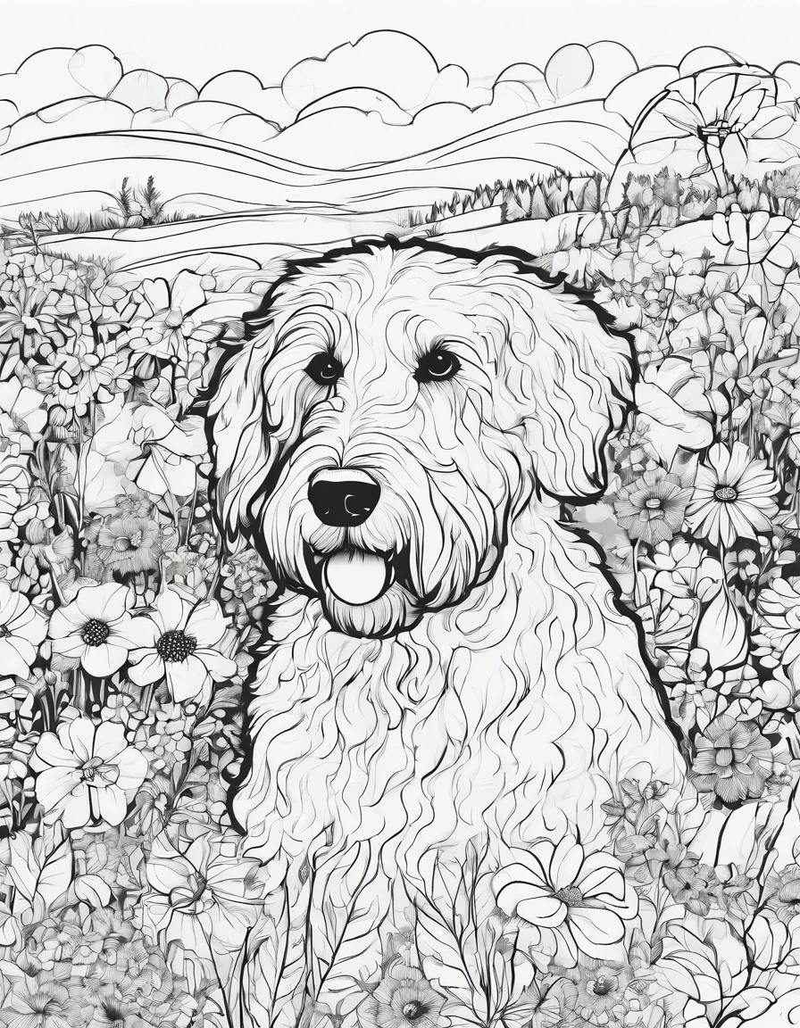 Golden doodle dog outside in a field of flowers, high quality, high detail, for coloring page, no shading