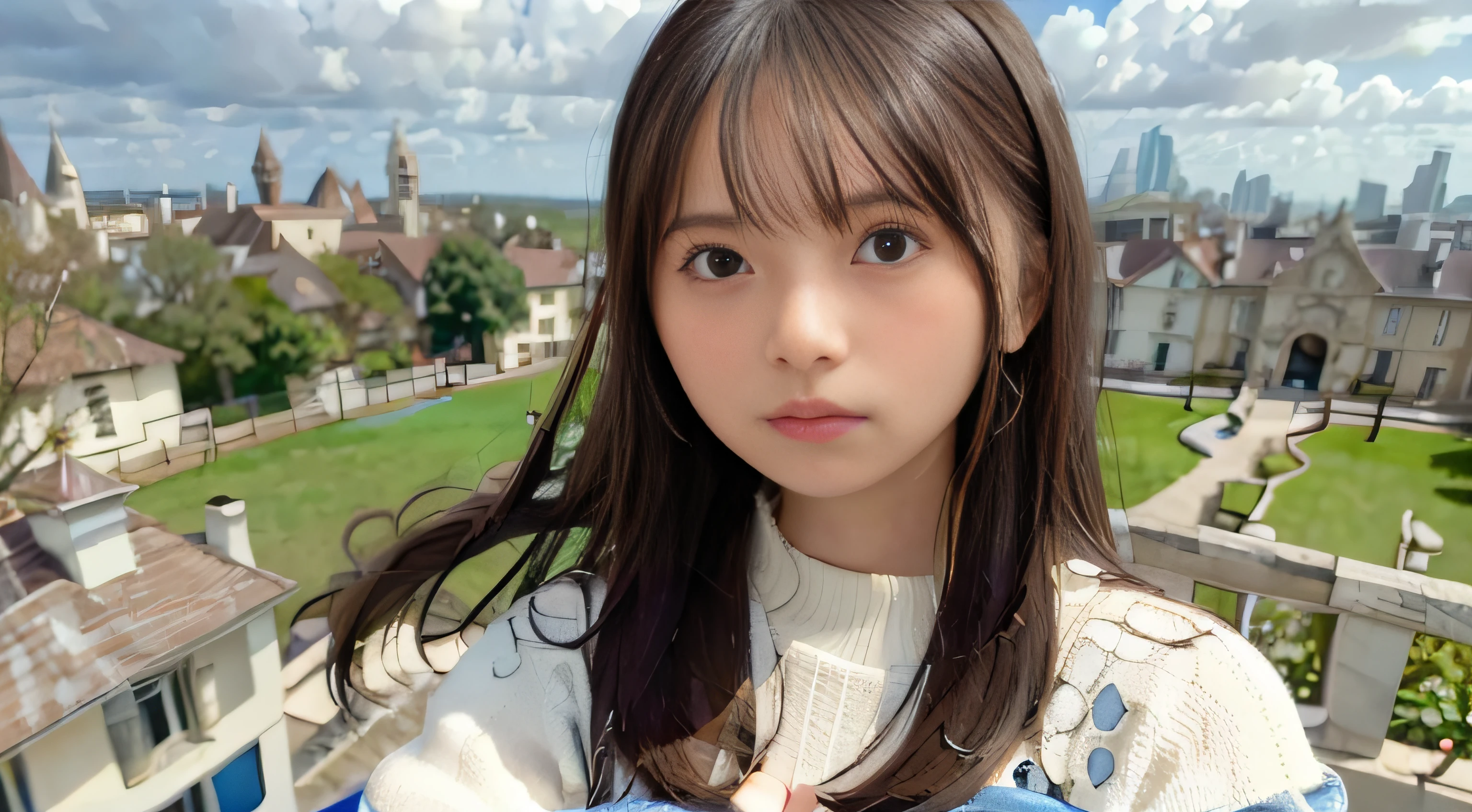 (Solo:1.3)), 1girl in, Best Quality, Realistic, Photorealistic, Best Quality, masutepiece, Very delicate and beautiful, Very detailed, (Selfie:1.2), Fine detail, Ultra Detail, High Definition, Very detailed, Realistic, Ultra high definition, Best Quality, Ultra high definition, (Real:1.4), high quality texture, wearing white and thin summer knitwear,, On the rooftop, Bangs, Long hair , Afternoon light, Magnificent sky and clouds