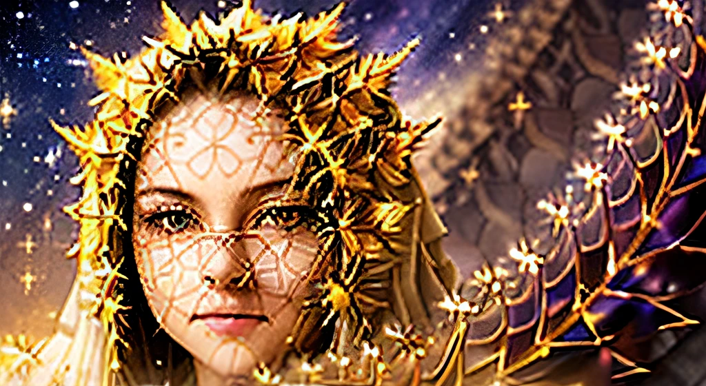 (Masterpiece, Top Quality, Best Quality, official arts, beautiful and aesthetic:1.2), (1girl), extremely detailed eyes, (s fractal art:1.3), Colorful, highest detail, (a perfect face), sparkly skin, HDR, (white cloak golden lines:1.2), galaxy, (light streaks), stunning visual, (dynamic stripes, Glowing footprints:1.2), bright colours, (phoenix), (dragon)
