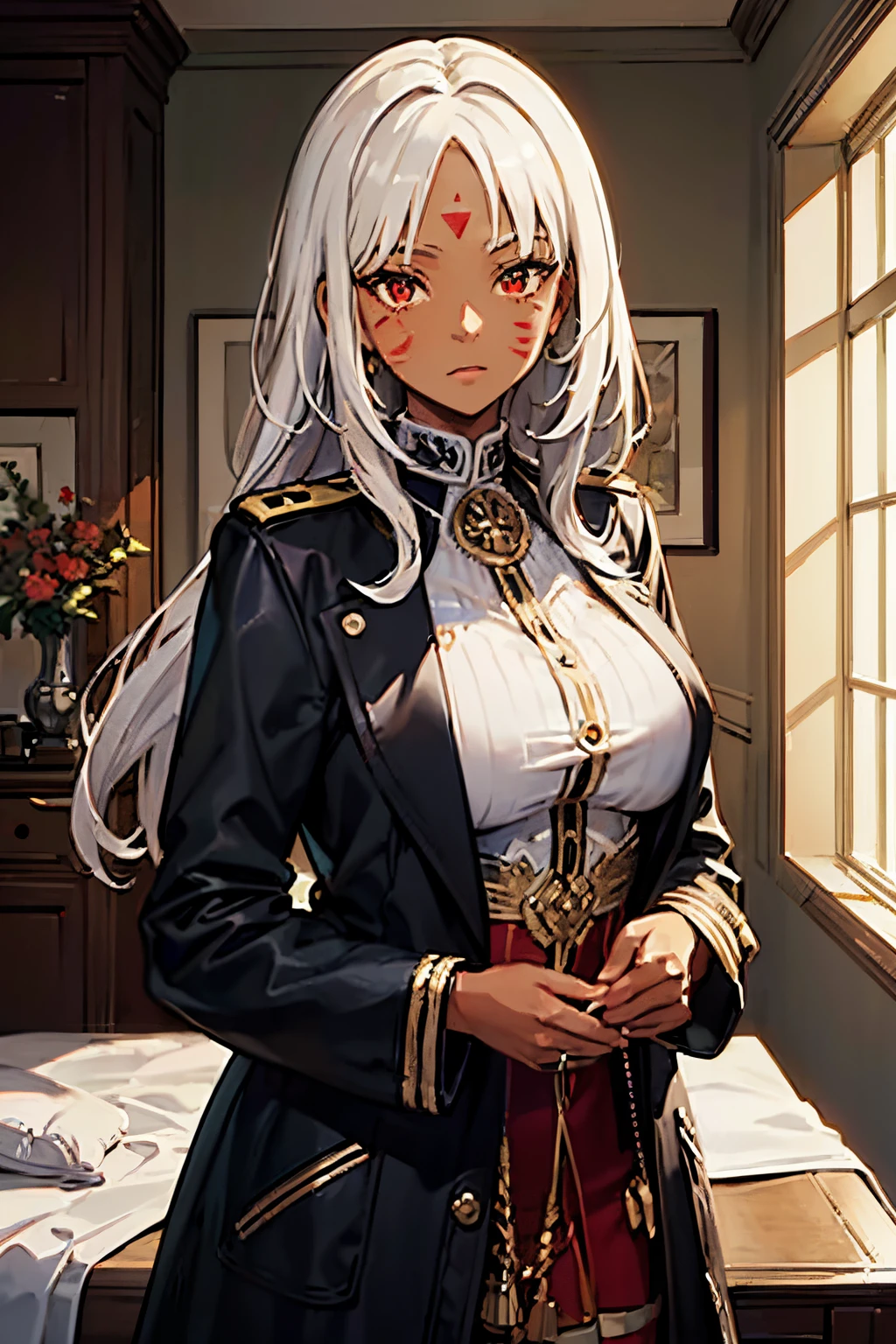 (best quality:1.3), (masterpiece:1.3), (illustration:1.3), (ultra-detailed:1.3), (imid shot:0.9), 1girl, dark skin, dark-skinned female, long hair, white hair, facial mark, bangs, forehead mark, red eyes, coat, military uniform, indoors, large breasts