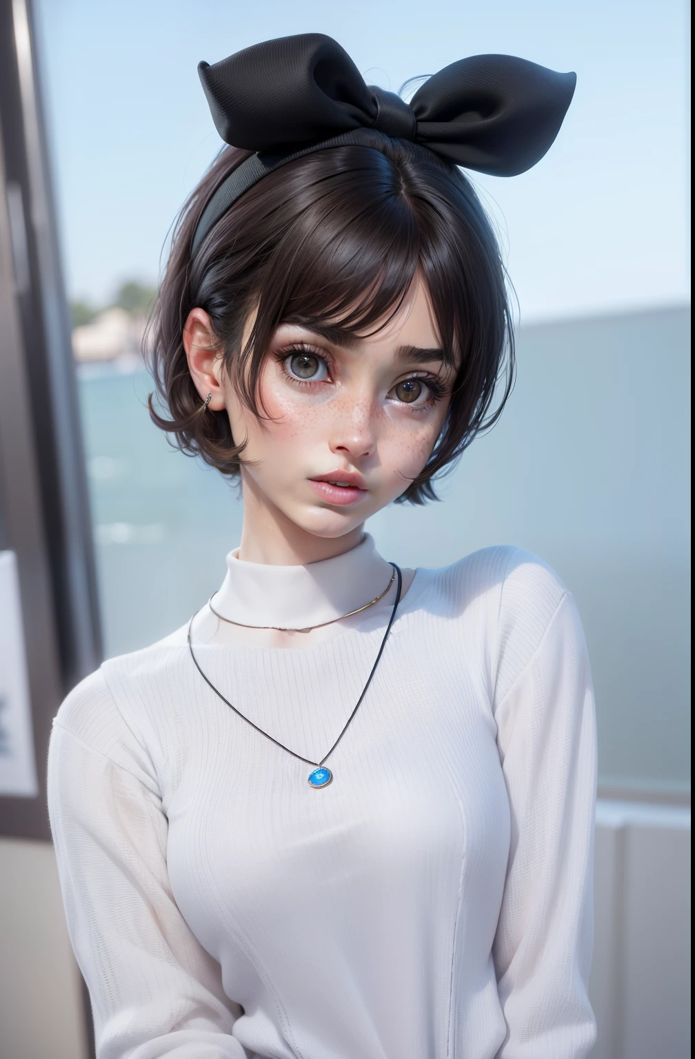 pale 18 year old with short black hair, one eye is black and the other is very light blue