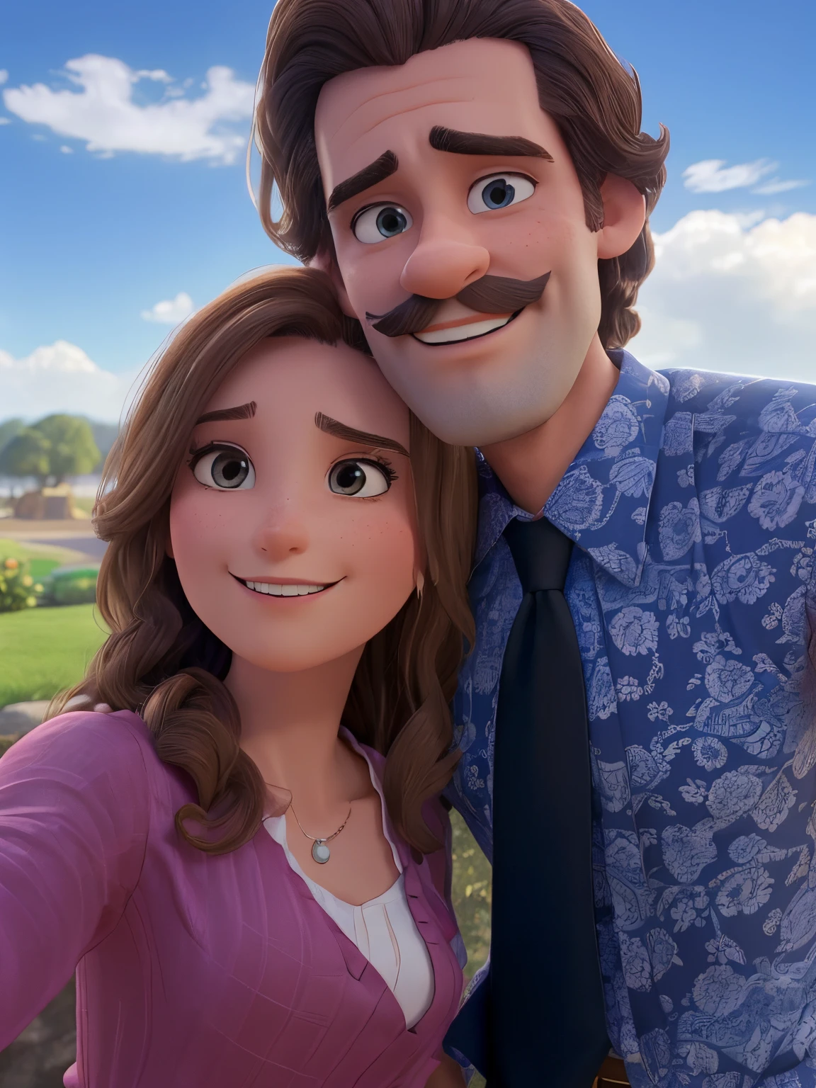 man and a woman, taking a selfie, the woman is wearing a pink silk top and the man is wearing a navy and white dress shirt with a black tie. both have big smiles and the woman has light brown wavy hair and the man has medium length brown hair. the woman has blue eyes and the man has light brown eyes, the man has a small mustache and a shadow on the bottom of the chin only