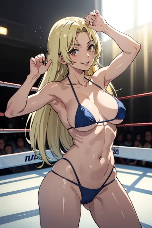masterpiece, YukiTsukumo, 1girl, solo, long hair, brown eyes, looking at viewer, smile, blonde hair, backlighting, (Micro-bikini), (Fighting sexy pose), (Wrestling ring), (Big tits),
