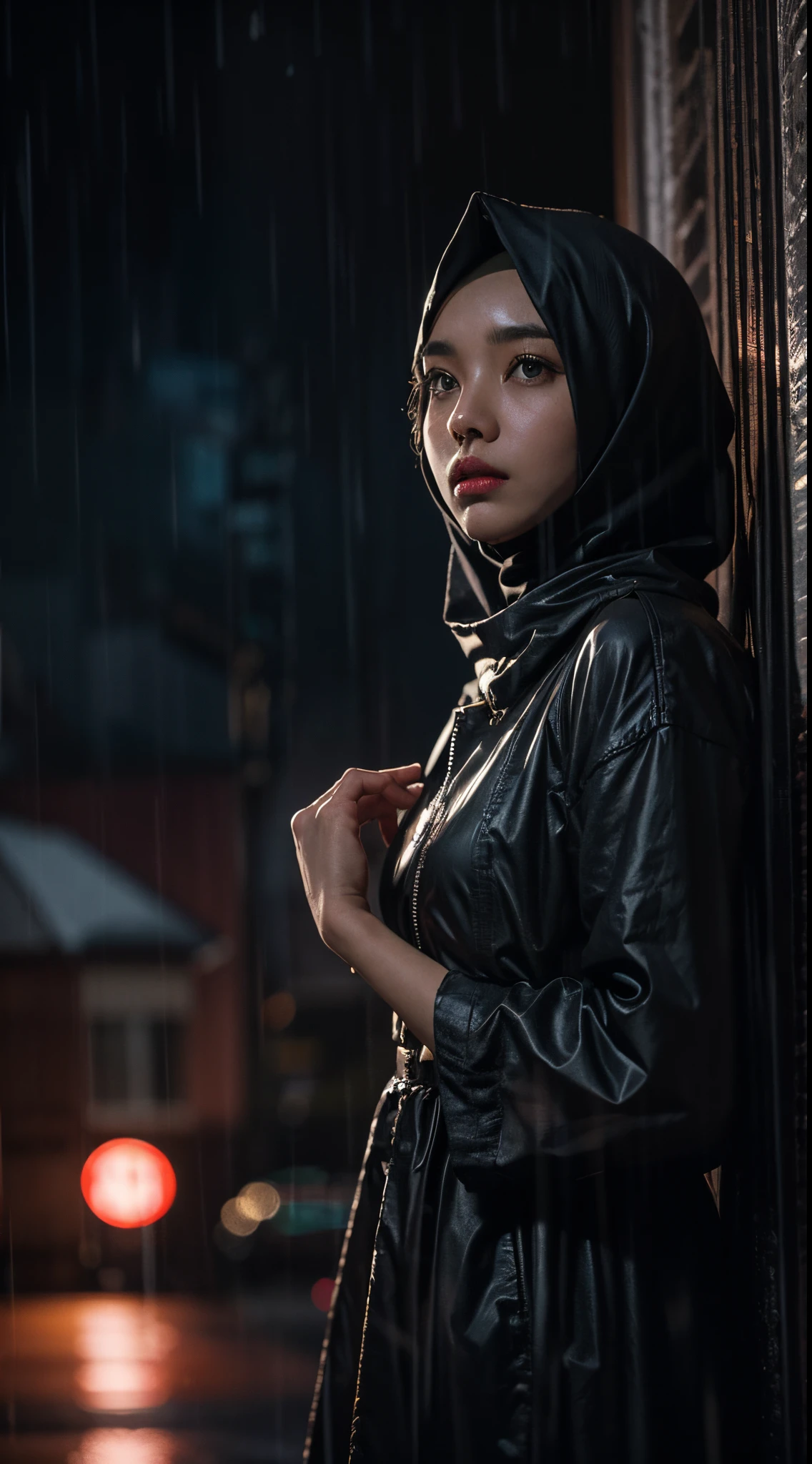 Imagine the Malay girl in hijab as the main character in a classic film noir. Enhance the drama with moody lighting, shadows, and a rainy urban backdrop. Add elements of mystery and intrigue, making her the enigmatic heroine
