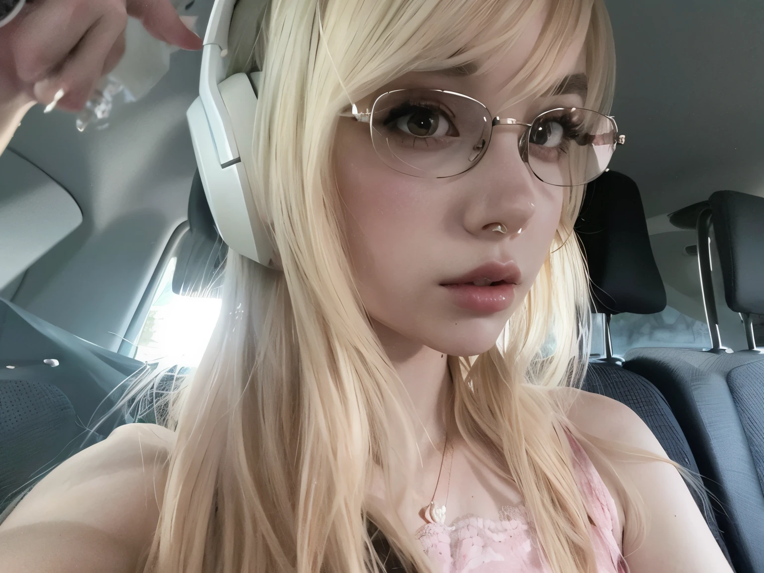 Transparent hair、hime-cut、Golden Eyes、eye glasses、ssmile、early age girls、flat chest、Thin pubic hair、Beautiful open legs、In the car