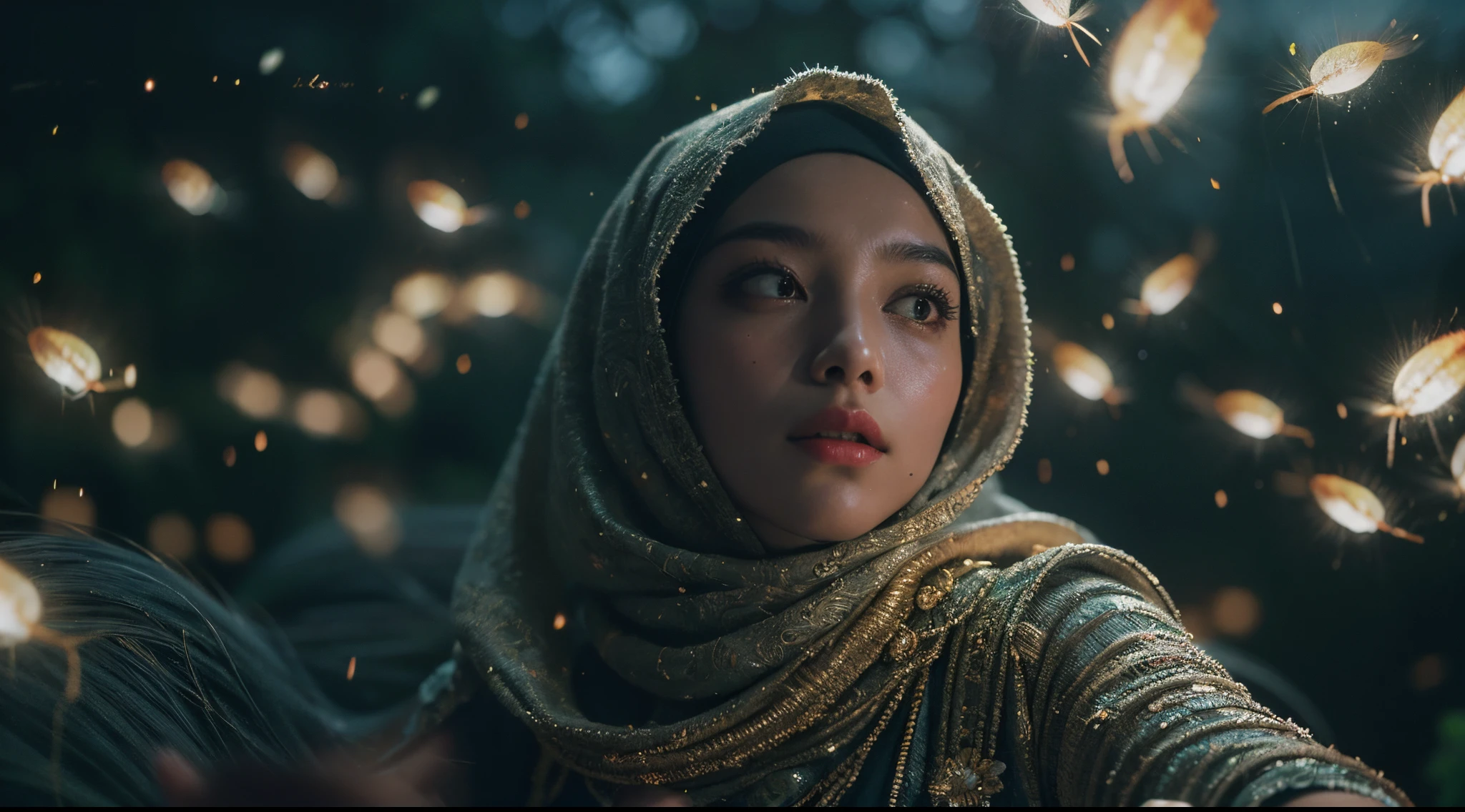 a beautiful malay young woman in hijab, is standing with large popcorn explosion in the background, popcorn flying in the air, in the style of mid sommar, fanciful, natural landscape , dreamlike imagery, captivating documentary photos, flowing fabrics, disintegrated, intricate, style raw, in the style of Grand Budapest Hotel directed by Wes Anderson , low saturation, 28mm lens, Establishing shot, High Contrast cinematography effect, Natural Lighting, Desaturate color grading, high quality, ultra detail, 8k resolution,