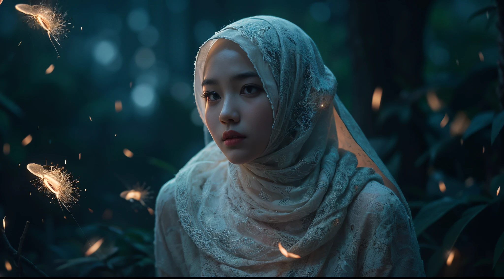 Imagine a serene moonlit night in a dense Malay jungle where a girl in hijab practices traditional martial arts surrounded by mystical fireflies. Capture the elegance and grace of her movements as the fireflies create a magical aura around her, 35mm lens, Extreme close-up, pastel color grading, depth of field cinematography effect, film noir genre, 8k resolution, high quality, ultra detail,