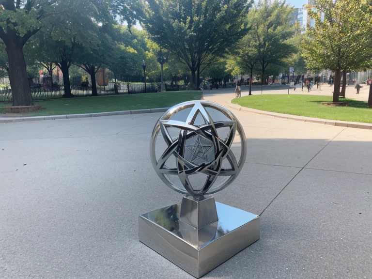a small sculpture,Stainless steel material,pentacle,Reflect cohesion,Park daytime background