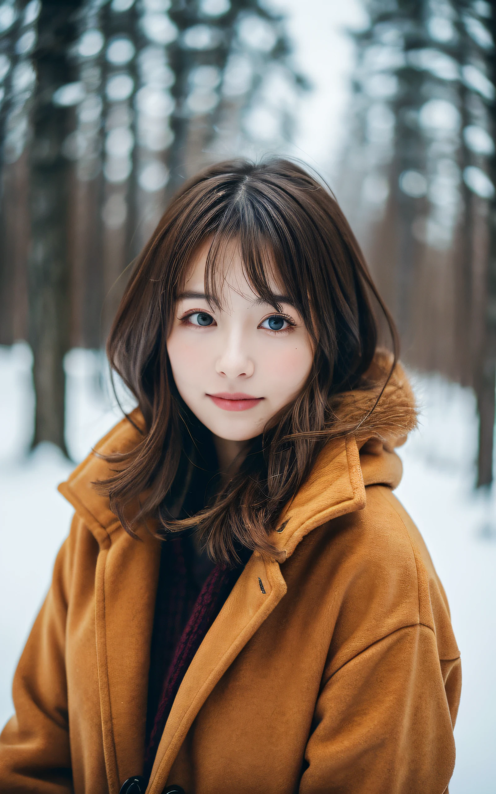 masterpiece, Best Quality, 8K, 1 girl, 20 yo, medium breast, cuddly, Solo, sad, Snowy landscape, forest covered with snow, Cute, Girly, Delicate girl, Neat and clean beauty, Raw photo, Professional Photography, Portrait, Soft light, Professional Lighting, Back lighting, Upper body, look forward to your eyes, Sophisticated, Film grain, (Eyes and faces with detailed:1.0), short length floating hair, beautiful brown flowing hair, warm winter jacket