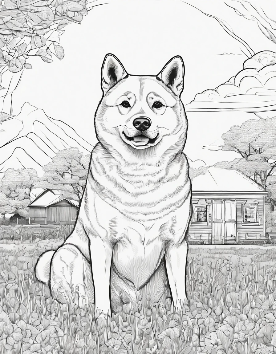 Shiba Inu in a field by a barn house, high quality, high detail, for coloring page, no shading