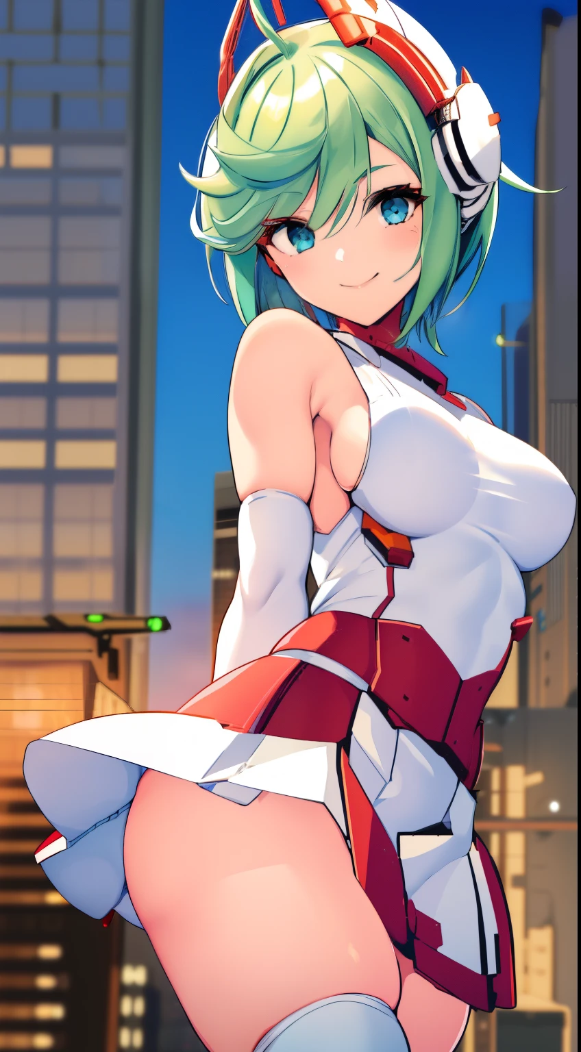 1 girl, white tank top, mecha headgear, short hair, green hair, big blue eyes, small breasts, black elbow gloves, red miniskirt, white stockings, smiling, city, red shoes