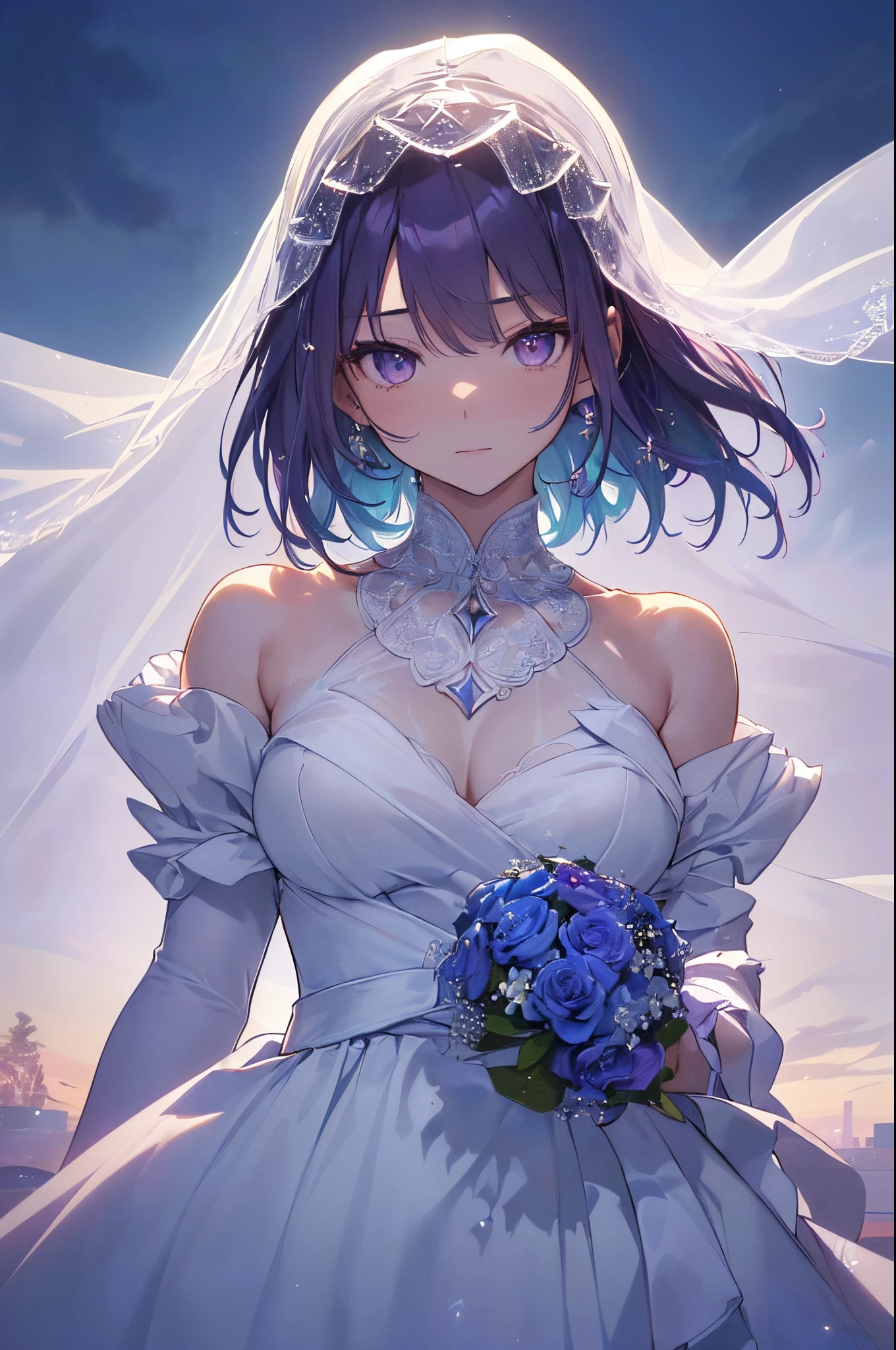 (best quality)+,(on the table)++,(Super detailed)++, Masterpiece Top Quality Super Fine Illustration High Detail Lighting Perfect Lighting, (1 bride:1.3),, First class female body, Perfect body, beautiful breasts, View from the front, from above, delicate luster, Beautiful and delicate eyes, cute face, beautiful lips, a girl surrounded by crystals, purple eyes, beautiful purple hair, Beautiful iridescent eyes, Beautiful long and tousled hair, Sexy brides,Sexy wedding dress, Glow effect lens flare lotion gloss shine holy light background sunlight, White,White尖头高跟鞋, looking at the audience,