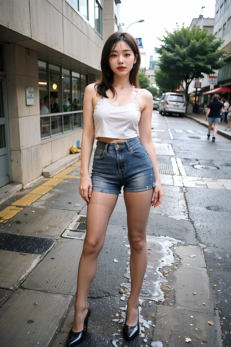 short sword,tight denim shorts,heavy makeups,Redlip,white skinned,mature, being thin,legs long,The whole body can be seen,Ultra-thin flesh-colored pantyhose,Have on the street,Have a well-proportioned figure,hair looks good,Skin color pantyhose,Leather top,Patent leather top