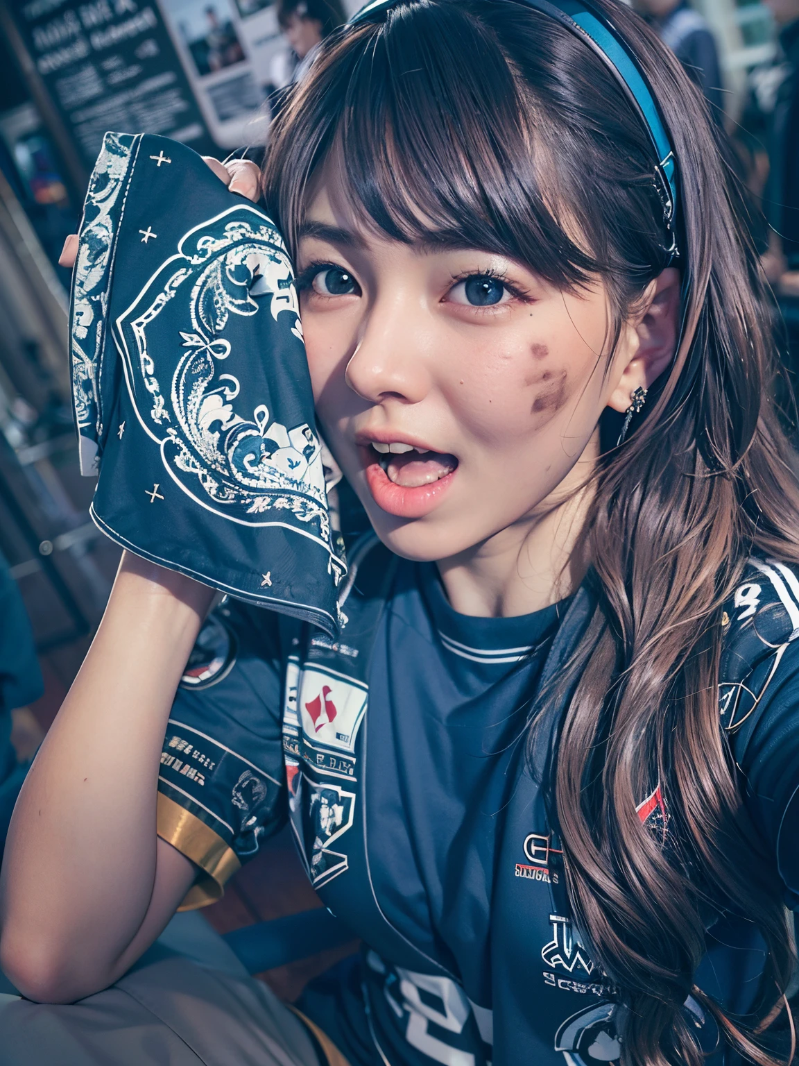 (masutepiece), A sexy、Natural light, Photorealistic, Cameltoe, diffuse glow, depth of fields, big eye、Black eyes、Blue soccer jersey、Black semi-long hair、profetional lighting、Must have black eyes、Big eyes、Asian Beauty、