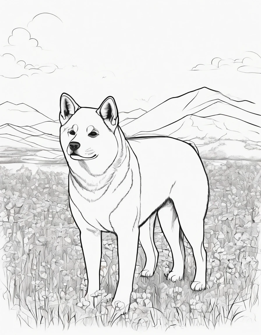 Shiba Inu in a field, high quality, high detail, for coloring page, no shading