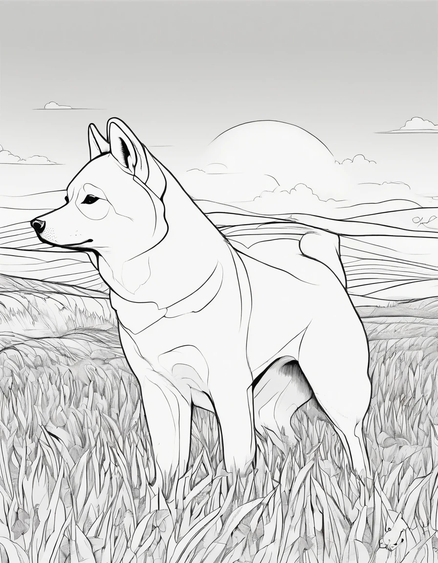 Shiba Inu in a field, high quality, high detail, for coloring page, no shading