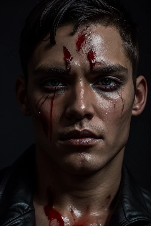 Halloween man portrait with head injury. Guy with dripping blood on his face. Close-up shot of his bloody eye. Man after fight makeup. Attractive model on Halloween. Dark black background