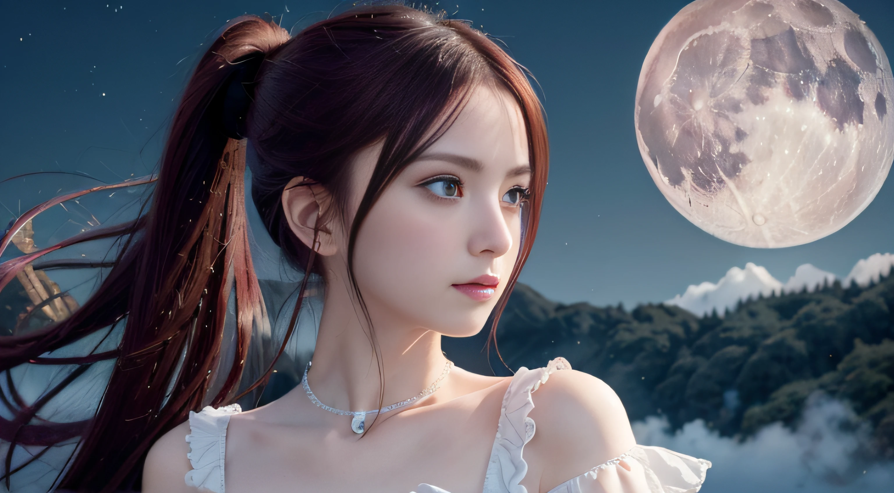 masutepiece, (Best Quality: 1.2), (Super fine: 1.2), Illustration, (Extremely delicate and beautiful: 1.2), Film Angle, floating, (Beautiful Detail Eye: 1.1), (Detail light: 1.1), Film Light, Delicate sky, Woman, Maroon hair, Blue eyes, (High Ponytail: 1.1),  Glowing eyes, (Moon: 1.2), (Moonlight: 1.1), Starry sky, (light Particle: 1.1), Fog , Snow painting, sketching, Blooming