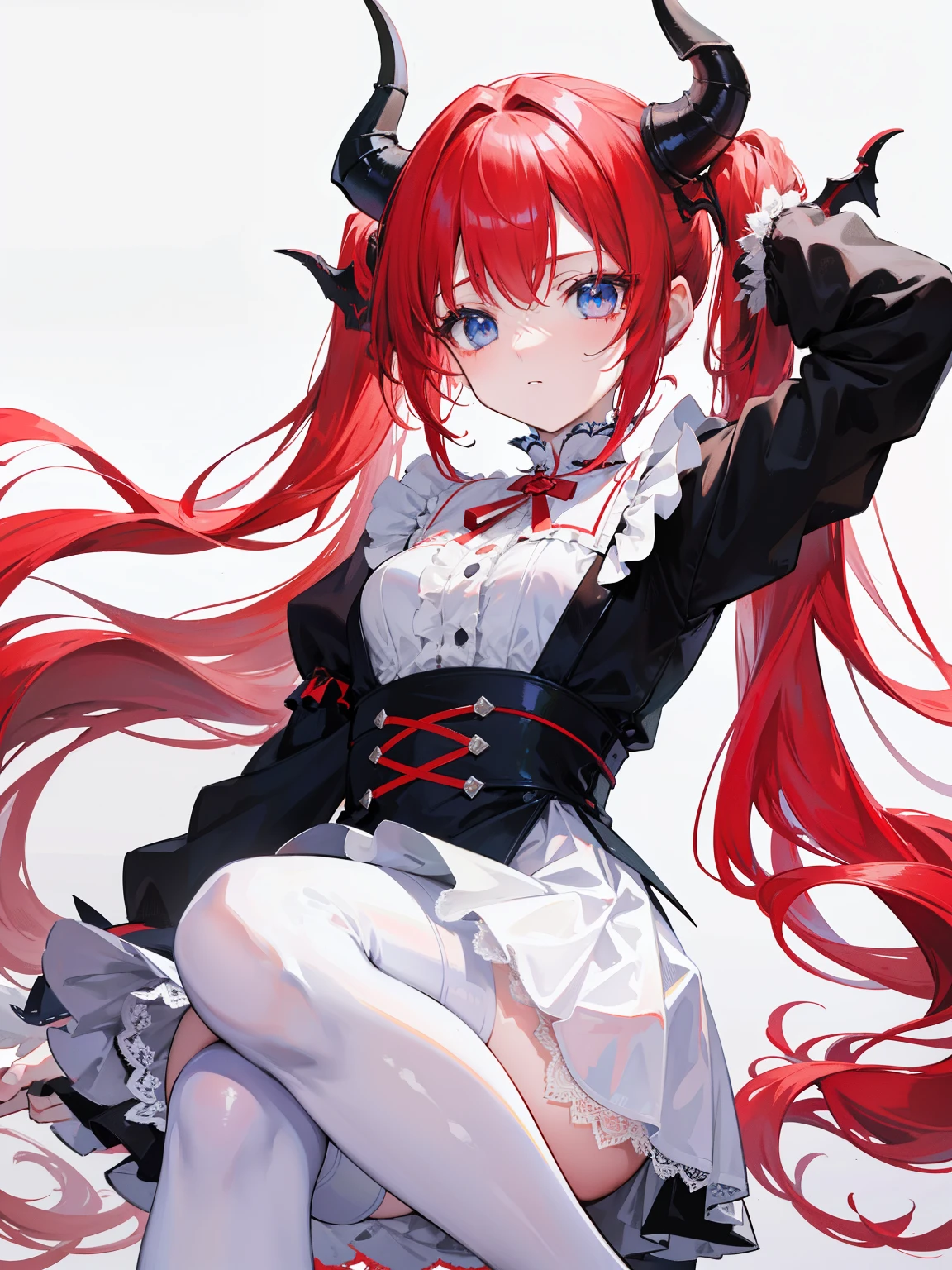 red hair,blue eyes,twintails, long hair, long sleeves, gothic, solo, ,Short skirt, white stockings,{{best quality}}, {{masterpiece}}, {{ultra-detailed}}, {illustration}, {detailed light}, {an extremely delicate and beautiful},litte,dragon horns