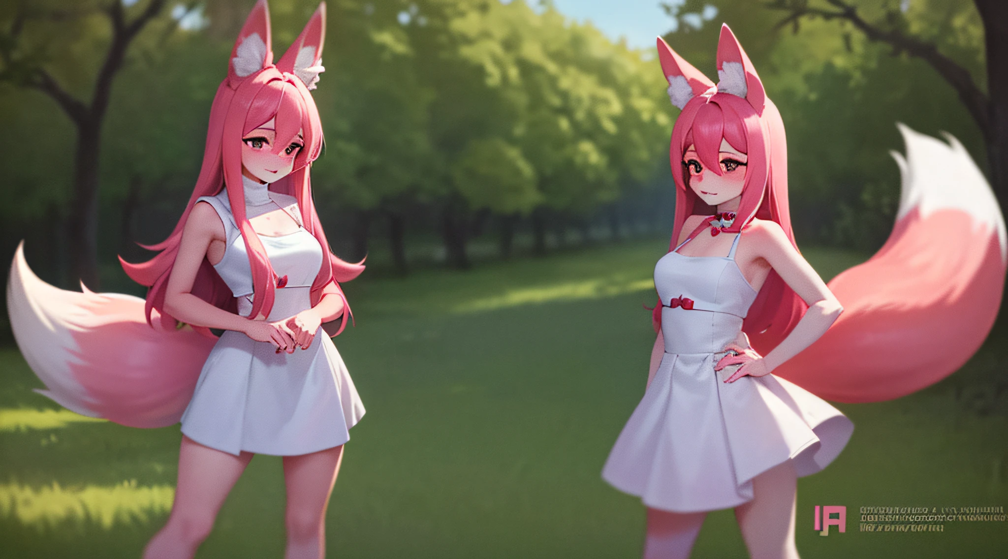 Nazuna Hiwatashi, 1girl, outside, solo, pink hair, body fur, fox ears, fox tail, high res, clothed, furry, sharp focus, colorful, balls_deep,