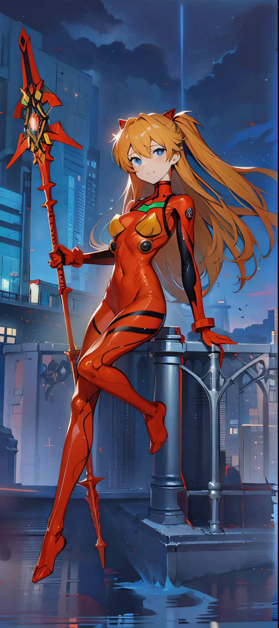 chica anime vestida de rojo parada en un poste con espada, Asuka Langley sohryu, Zenkai de cuerpo completo! Traje de Asuka, Asuka Langley, Asuka Langley souryuu, Asuka Langley soryu, Cero dos, beautiful Asuka de Evangelion, Asuka de Evangelion, ( evangelion ), portrait of Asuka Langley soryu, Arte oficial