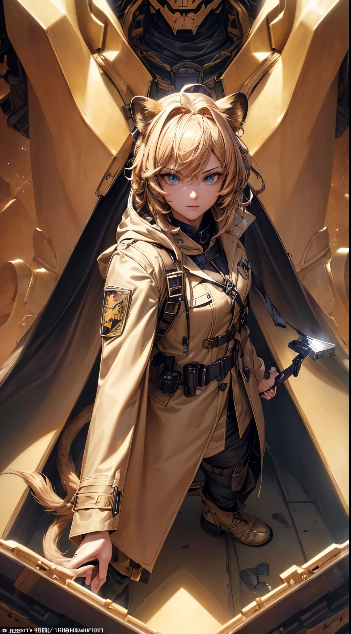 masterpiece, high quality, character concept art, (detailed face, detailed eyes, detailed body:1.5), ARKNIGHTS, sci-fi knights, anthro, golden skin color, lion features, lion ears and tails, (wearing sexy elegant future outfit trench coat with hood with straps and accessories, cargo pants, military vest), holding weapon, action pose, battle damage