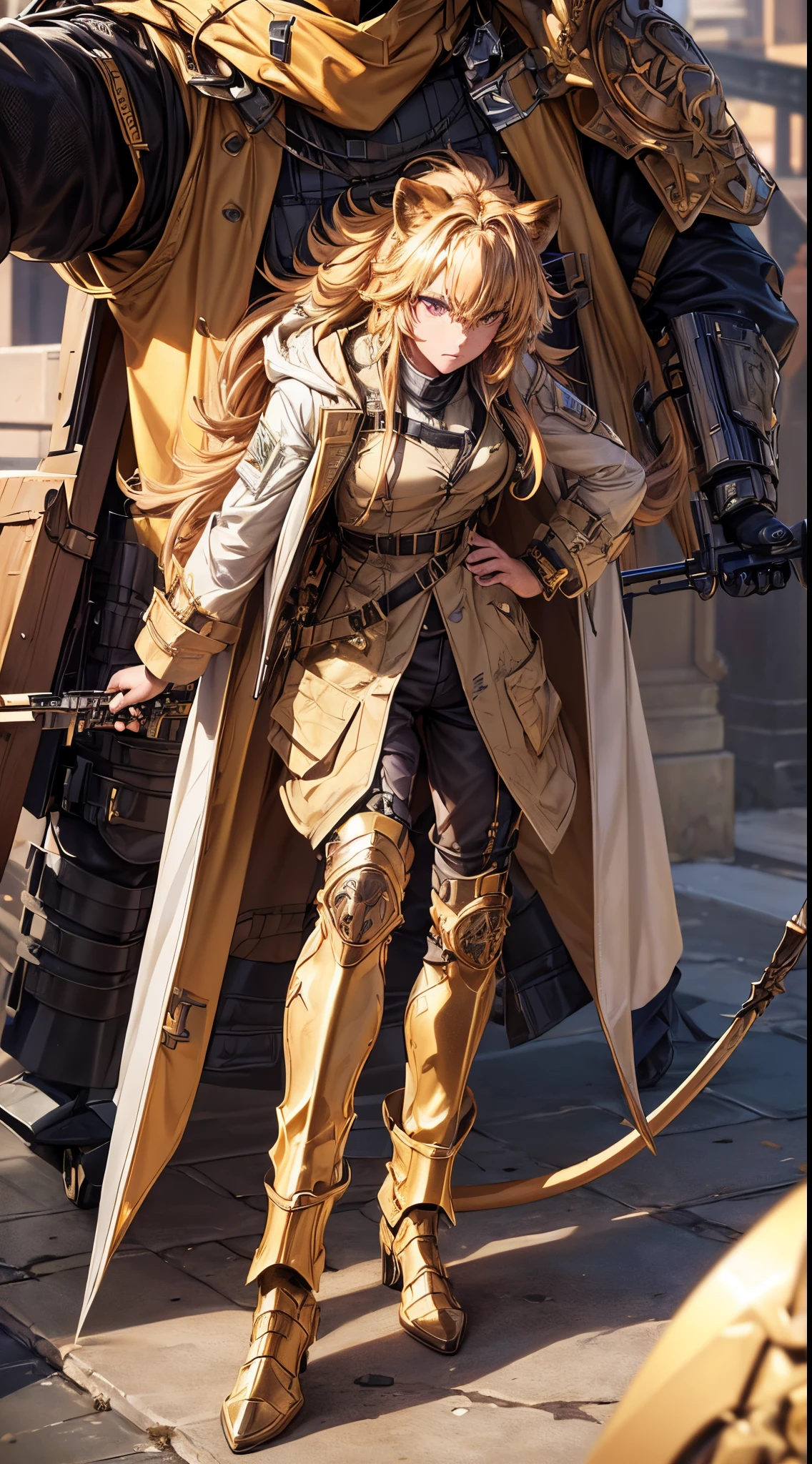 masterpiece, high quality, character concept art, (detailed face, detailed eyes, detailed body:1.5), ARKNIGHTS, sci-fi knights, anthro, golden skin color, lion features, lion ears and tails, (wearing sexy elegant future outfit trench coat with hood with straps and accessories, cargo pants, military vest), holding weapon, action pose, battle damage