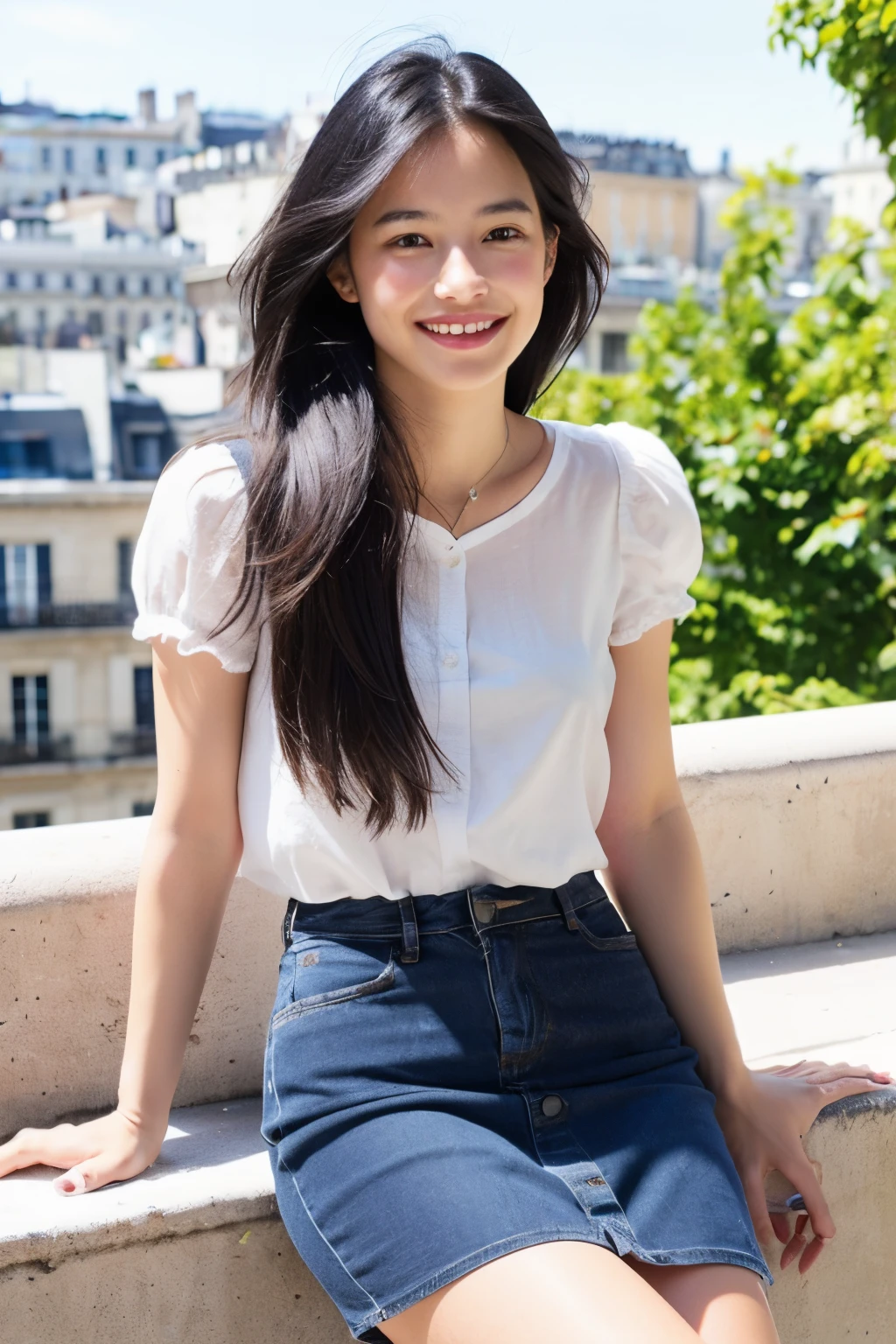 1 girl,(Black hair semi-long)(Beautiful hair), actress, Smile, Shiny skin, Best Quality, masutepiece, (Photorealistic:1.4), Terrace seating, ue, France, Paris, Denim Mini Skirt (Realistic fabric), short white sleeves (Cotton fabric), (No logo), Thin fingers