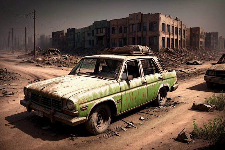 An exciting city in the middle of a barren area，The car was parked in the dirt, Post-apocalyptic wasteland, in a post-apocalyptic wasteland, post apocalyptic landscape, Post-apocalyptic wasteland, post apocalyptic atmosphere, Post apocalyptic scenario, Post-apocalyptic cities, post apocalyptic world, Doomsday city pattern, Post-apocalyptic cities, dystopian wasteland, The apocalyptic city