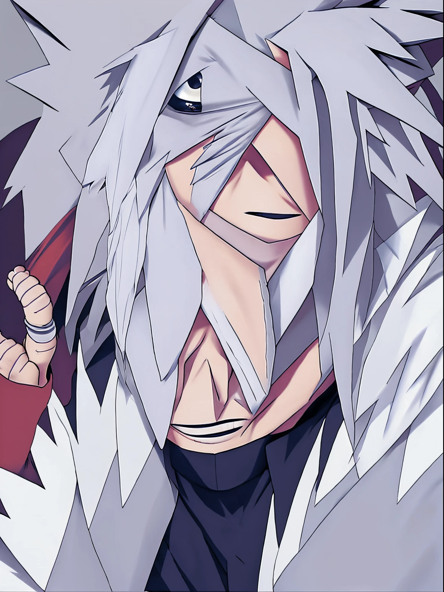 a close up of a person with a white hair and a black shirt, itatchi uchiha, joker looks like naruto, he has dark grey hairs, from naruto, joker as naruto, akiyuki shinbou, kakashi hatake, as an anime character, nine tails, pain from naruto, ichigo kurosaki, kakashi, a silver haired mad