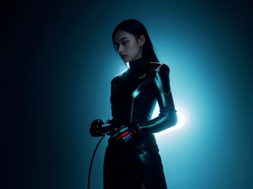 Envision a futuristic scene where a woman, clad in sleek, high-tech attire, stands in a dark and moody environment. The dimly lit surroundings highlight the advanced features of her attire, and a soft glow emanates from the sophisticated firearm she holds with a composed yet determined demeanor. Futuristic elements, such as holographic displays or neon accents, add to the ambiance of the scene, creating a captivating visual narrative of a technologically adept woman navigating a shadowy future with both confidence and vigilance.